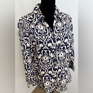 Marina Luna 100% Linen preppy Navy and Cream button front shirt 3/4 sleeves med